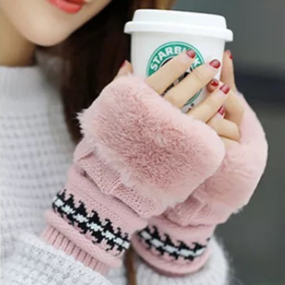 Chic Pink Fleece Lined Beanie with Fur Pom Poms & Fingerless Gloves - Picture 5 of 16